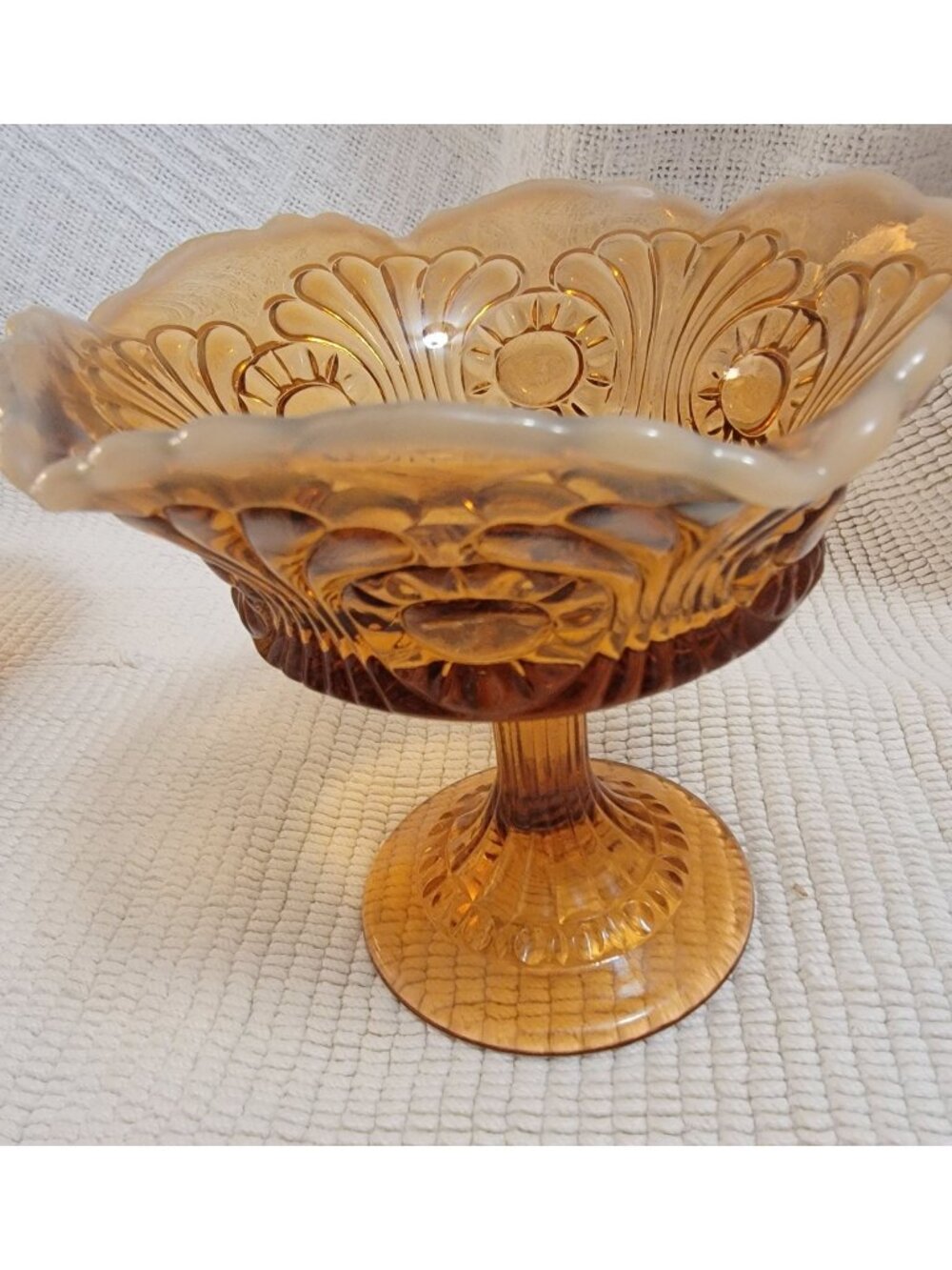 Amber Glass Pedestal Compote Dish With Sunburst Design & Scalloped Edge